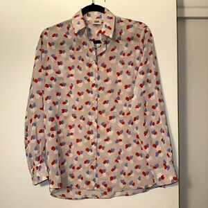 Beymen Club XS Satin Collared Button Blouse Cream Watercolor Abstract Hearts EUC